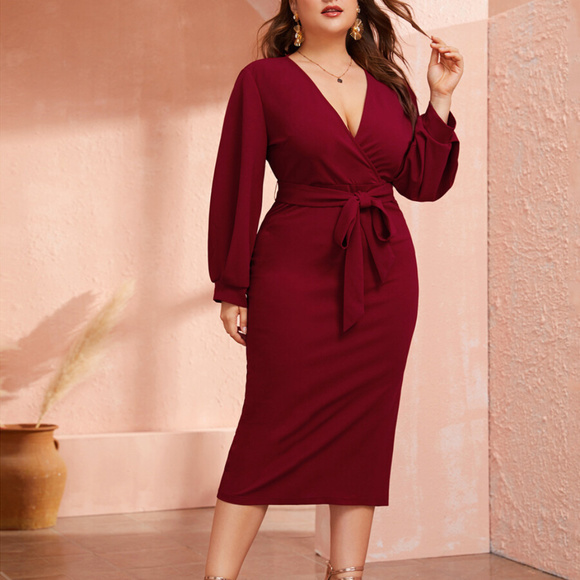 Plus Size Burgundy Midi Dress - Picture 2 of 6